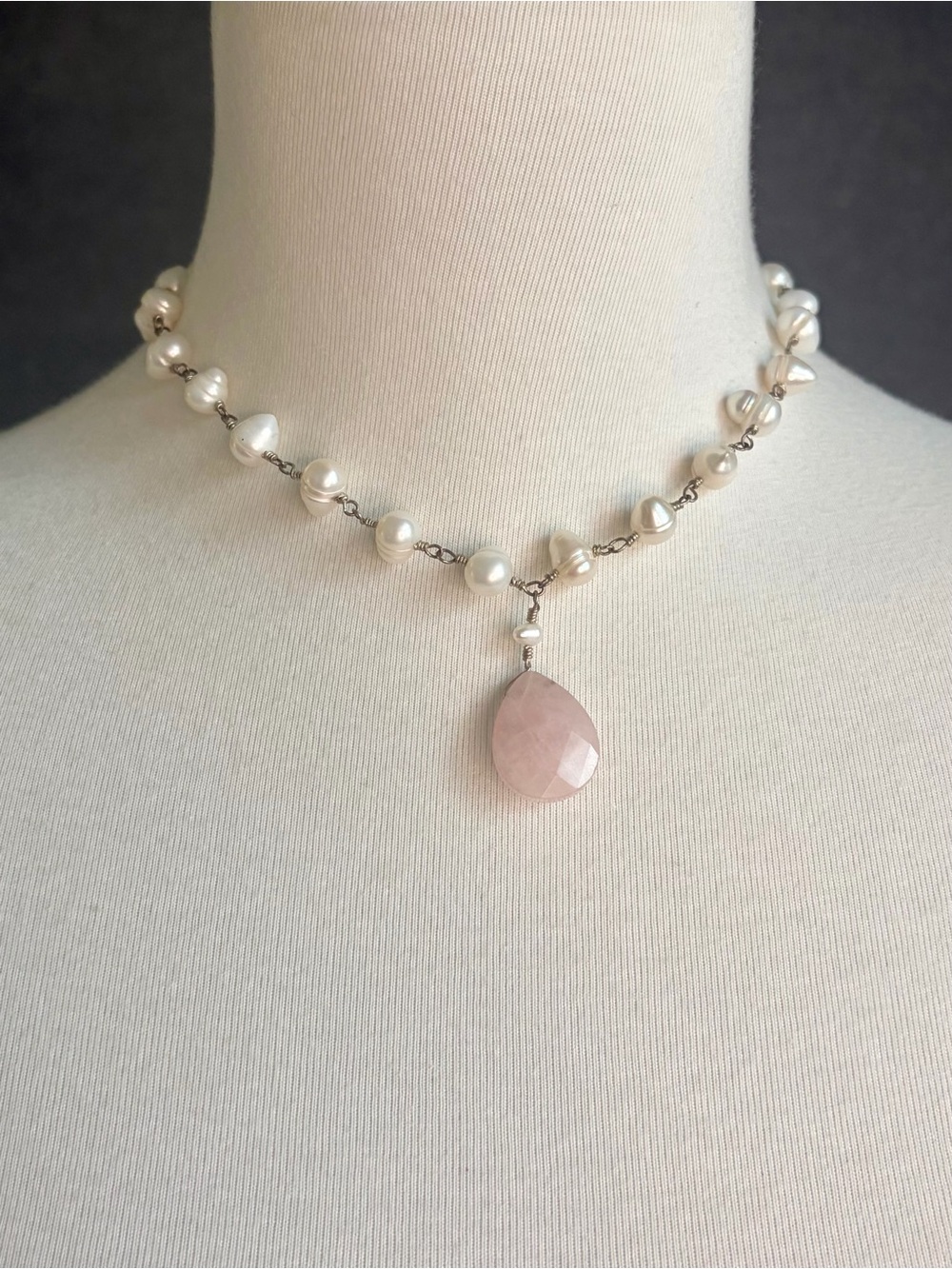 Vintage Freshwater Pearl and Rose Quartz Choker Necklace